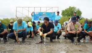 Wagub I Nyoman Giri Prasta (tengah) menanam Mangrove bersama Asosiasi Media SMSI di Kawasan Tahura, Senin (9/3).
