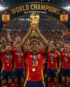 Momen Angkat Trofi Tim Spanyol sebagai Juara FIFA World Cup 2026. (Ist)