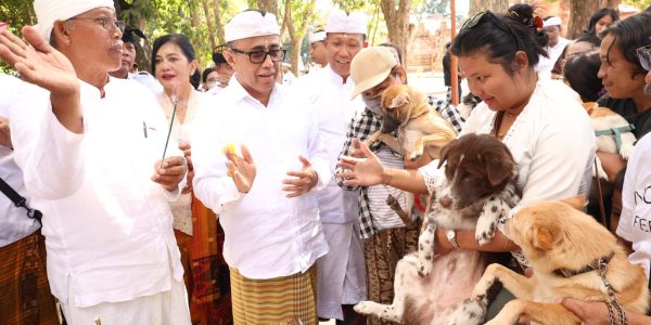 Wali Kota Denpasar, I Gusti Ngurah Jaya Negara, saat mengikuti persembahyangan Tumpek Uye sekaligus meninjau vaksinasi rabies dan sterilisasi hewan gratis di Pura Agung Jagatnatha Denpasar, Sabtu (5/9).